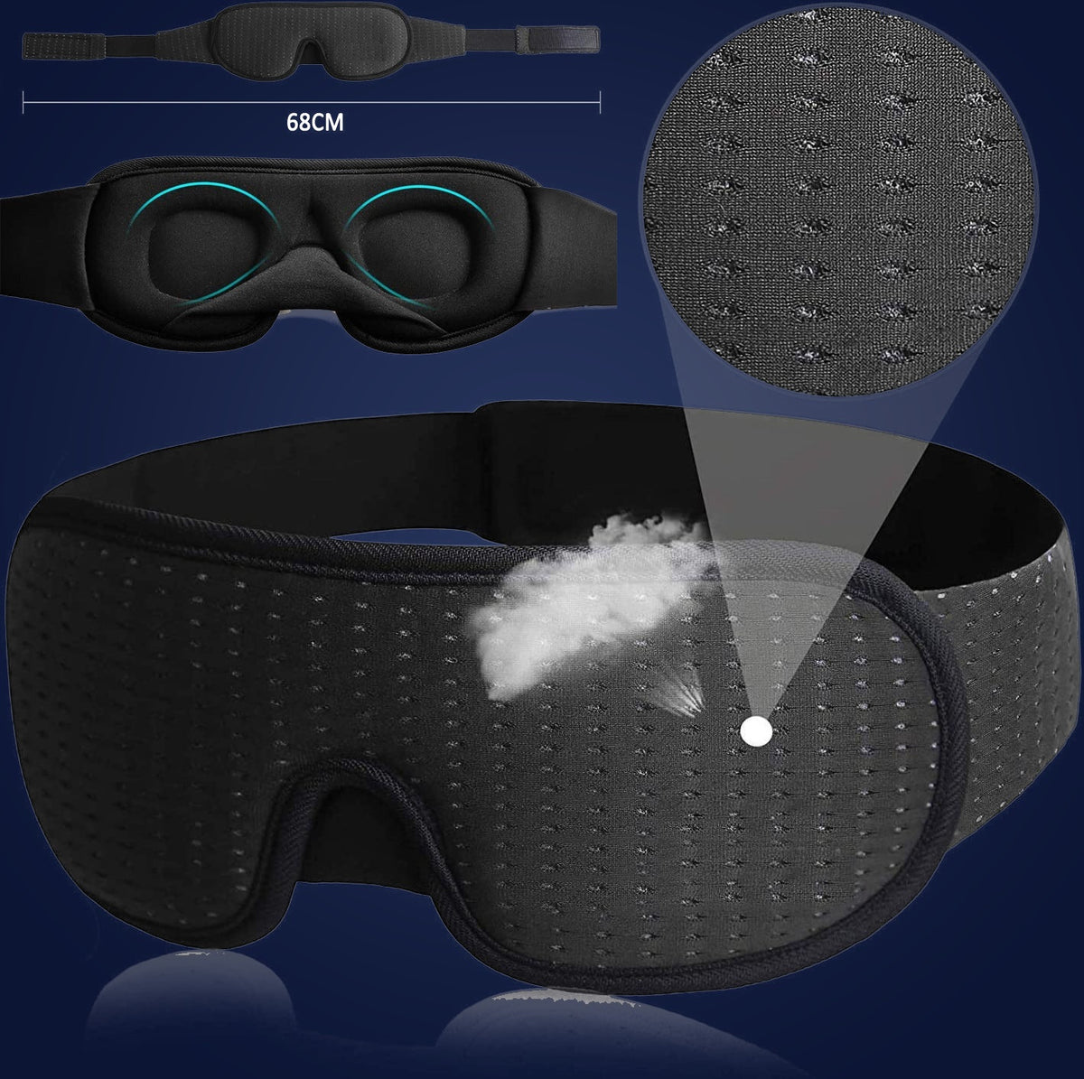 Zero Pressure 3D Sleep Mask, inside view of the 3D contoured eye cups and 68 cm adjustable strap